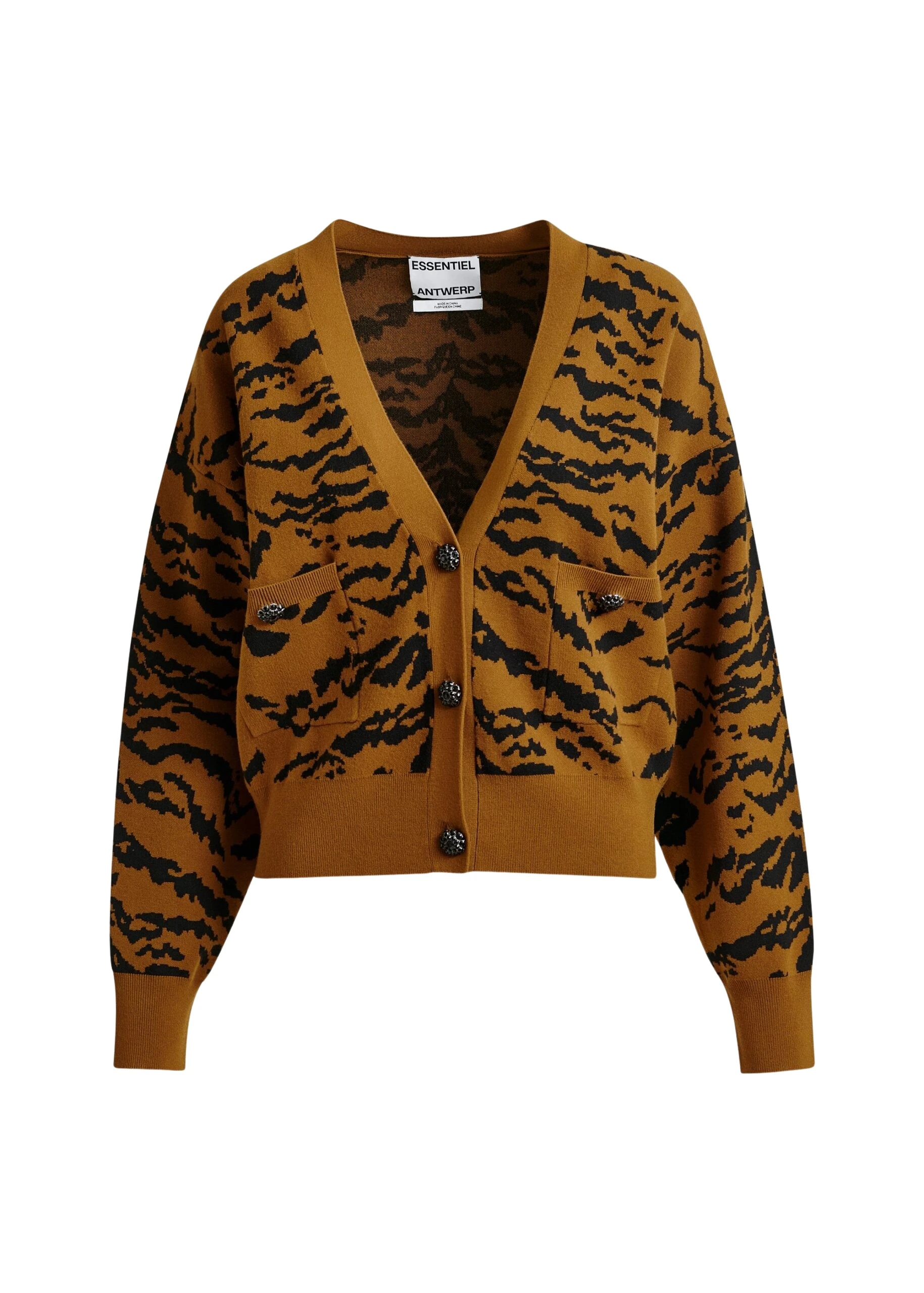 Brown-tiger-print-cardigan-with-rhinestone-encrushed-buttons-Essentiel-Antwerp-Knitwear-scaled96732_nobg Essentiel Antwerp Brown tiger-print cardigan with rhinestone encrushed buttons - Essentiel Antwerp Knitwear - Colorful Belgian Design - Shop at Luxury Shoes