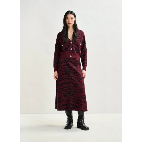Essentiel Antwerp Burgundy and black tiger-print A-line knit midi skirt - Essentiel Antwerp Skirts - Colorful Belgian Design - Shop at Luxury Shoes 