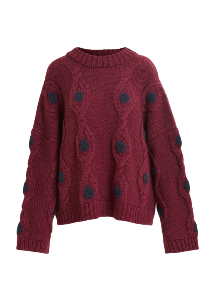 Essentiel Antwerp Burgundy and navy polka-dot cable-knit sweater - Essentiel Antwerp Knitwear - Colorful Belgian Design - Shop at Luxury Shoes 