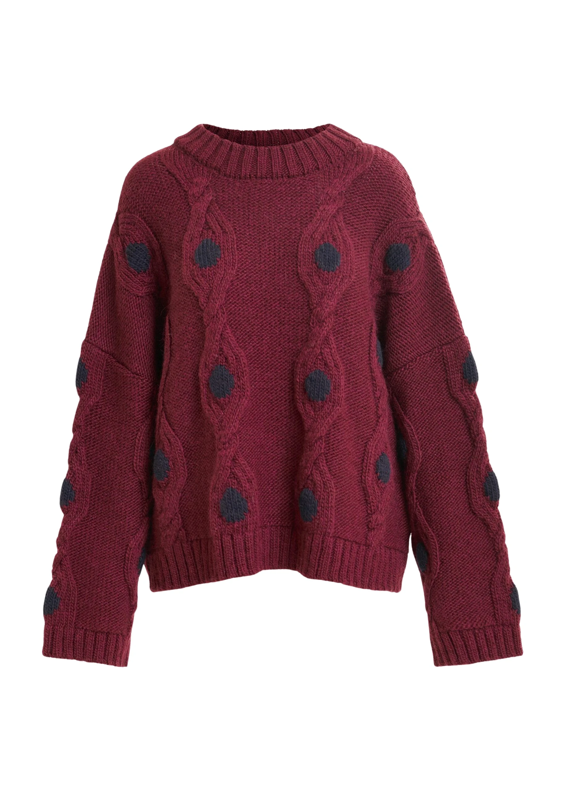 Burgundy-and-navy-polka-dot-cable-knit-sweater-Essentiel-Antwerp-Knitwear-scaled61436_nobg Essentiel Antwerp Burgundy and navy polka-dot cable-knit sweater - Essentiel Antwerp Knitwear - Colorful Belgian Design - Shop at Luxury Shoes