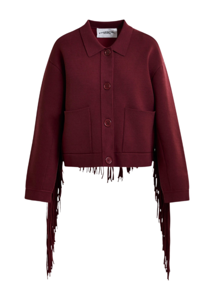 Essentiel Antwerp Burgundy cropped knitted jacket with fringe details - Essentiel Antwerp Jackets - Colorful Belgian Design - Shop at Luxury Shoes 