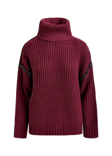 Essentiel Antwerp Burgundy wool-blend turtleneck with detachable collar and rhinestone embellishments - Essentiel Antwerp Knitwear - Colorful Belgian Design - Shop at Luxury Shoes 