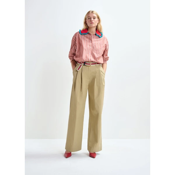Essentiel Antwerp Burned orange and off-white striped cotton shirt with crochet ruffled collar - Essentiel Antwerp Shirts - Colorful Belgian Design - Shop at Luxury Shoes 