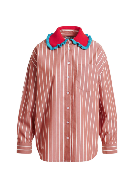 Essentiel Antwerp Burned orange and off-white striped cotton shirt with crochet ruffled collar - Essentiel Antwerp Shirts - Colorful Belgian Design - Shop at Luxury Shoes 