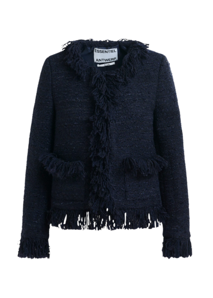 Essentiel Antwerp Dark blue fringed wool-blend bouclé jacket - Essentiel Antwerp Jackets - Colorful Belgian Design - Shop at Luxury Shoes 