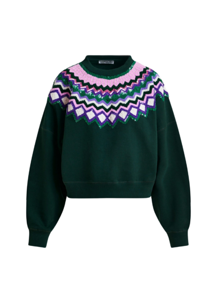 Essentiel Antwerp Dark green and multicolor cotton sweatshirt with sequin embellishments - Essentiel Antwerp Shirts - Colorful Belgian Design - Shop at Luxury Shoes 