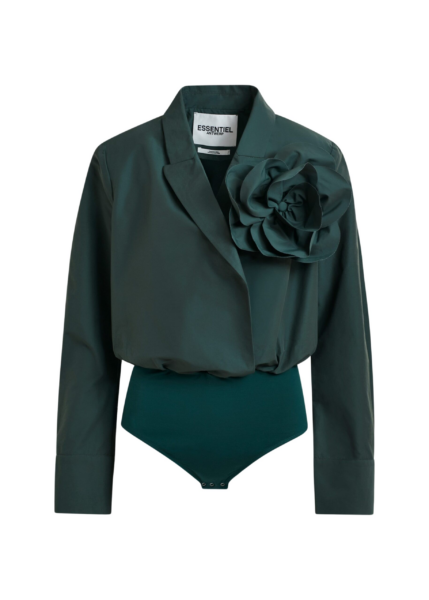 Essentiel Antwerp Dark teal green bodysuit with self-fabric flower - Essentiel Antwerp Bodysuit - Colorful Belgian Design - Shop at Luxury Shoes 