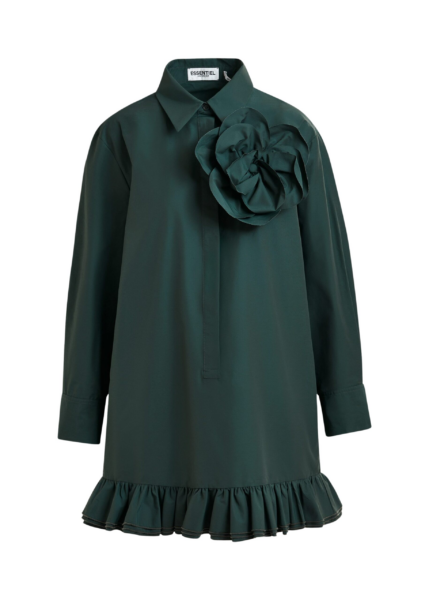 Essentiel Antwerp Dark teal green ruffled mini shirt dress with self-fabric flower - Essentiel Antwerp Dresses - Colorful Belgian Design - Shop at Luxury Shoes 
