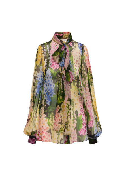 Oscar de la Renta Foxglove Tie-Neck Chiffon Blouse - Oscar de la Renta Tops - American Couture - Shop at Luxury Shoes 