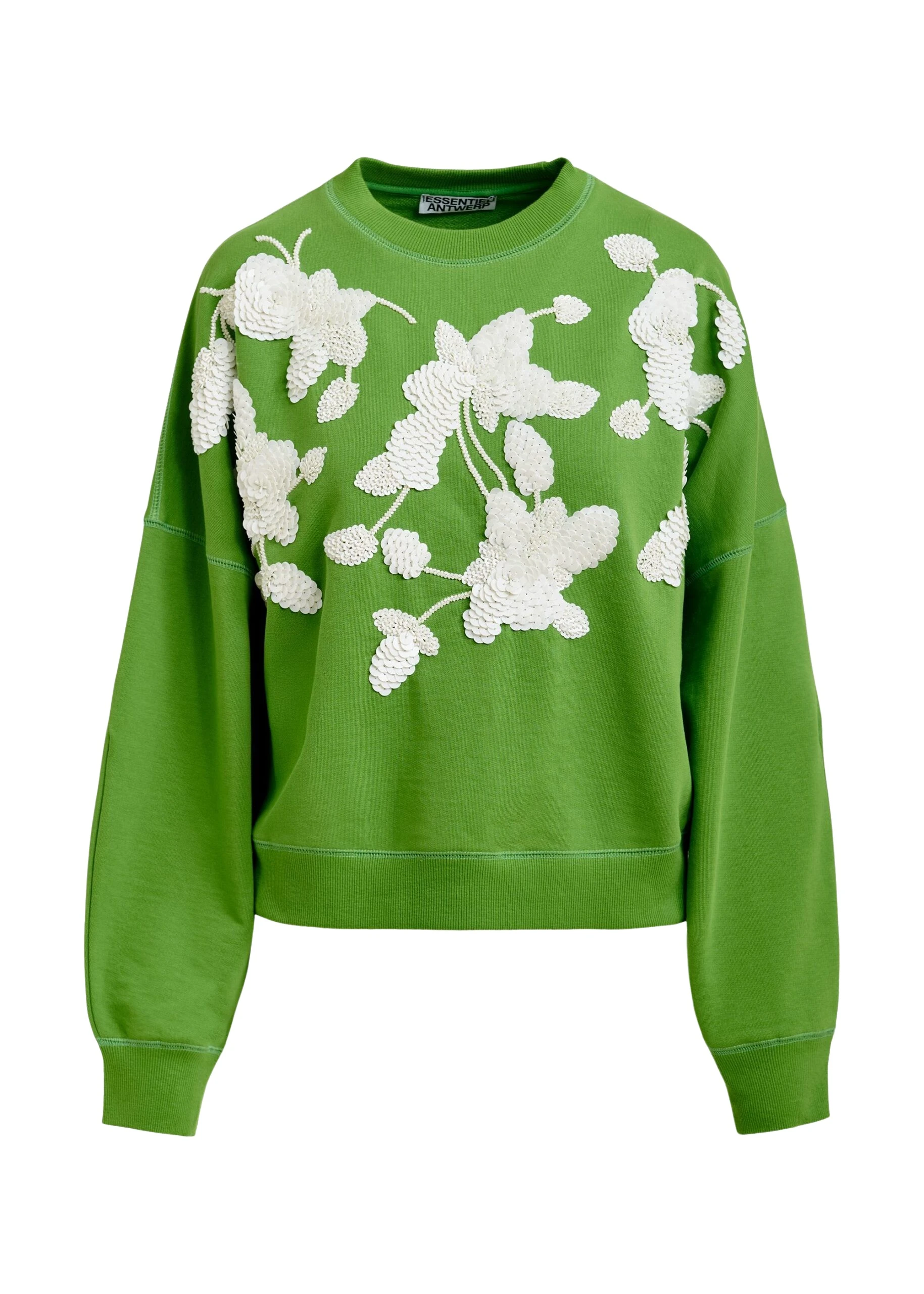 Green-cotton-sweatshirt-with-off-white-floral-sequin-and-bead-embellished-embroidery-Essentiel-Antwerp-Shirts-scaled91692_nobg Essentiel Antwerp Green cotton sweatshirt with off-white floral sequin and bead-embellished embroidery - Essentiel Antwerp Shirts - Colorful Belgian Design - Shop at Luxury Shoes