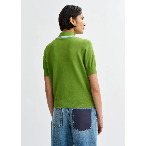 Essentiel Antwerp Green fine-knit polo with light blue scarf-like contrast collar - Essentiel Antwerp Tops - Colorful Belgian Design - Shop at Luxury Shoes 