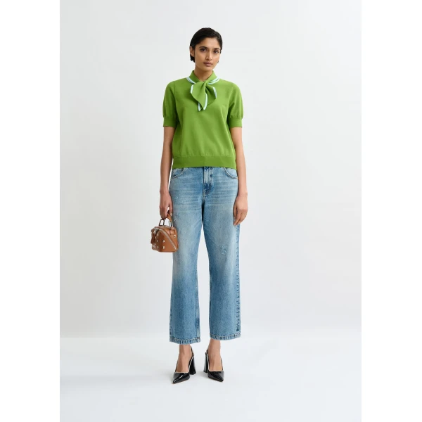 Essentiel Antwerp Green fine-knit polo with light blue scarf-like contrast collar - Essentiel Antwerp Tops - Colorful Belgian Design - Shop at Luxury Shoes 