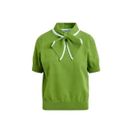 Essentiel Antwerp Green fine-knit polo with light blue scarf-like contrast collar - Essentiel Antwerp Tops - Colorful Belgian Design - Shop at Luxury Shoes 