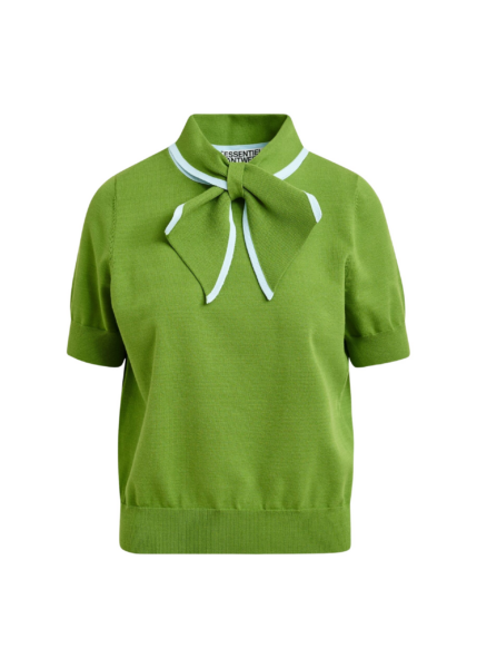 Essentiel Antwerp Green fine-knit polo with light blue scarf-like contrast collar - Essentiel Antwerp Tops - Colorful Belgian Design - Shop at Luxury Shoes 