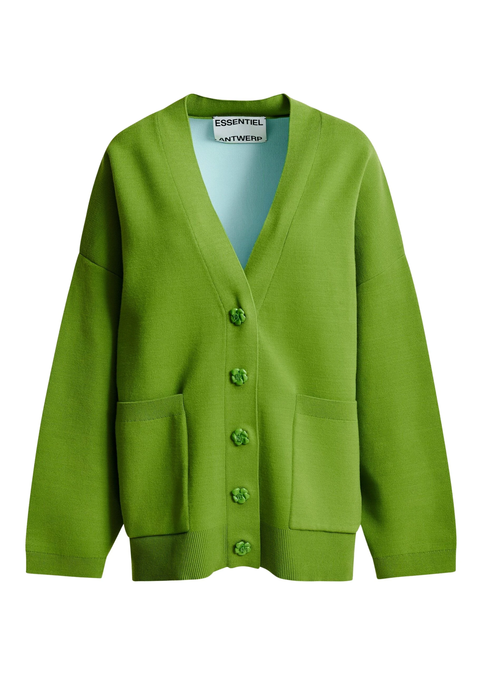 Green-knit-cardigan-with-tonal-flower-buttons-Essentiel-Antwerp-Knitwear-scaled97869_nobg Essentiel Antwerp Green knit cardigan with tonal flower buttons - Essentiel Antwerp Knitwear - Colorful Belgian Design - Shop at Luxury Shoes
