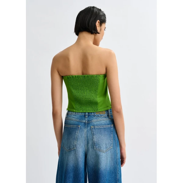 Essentiel Antwerp Green sculpted bustier top with smocked back - Essentiel Antwerp Tops - Colorful Belgian Design - Shop at Luxury Shoes 
