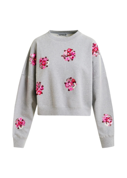 Essentiel Antwerp Grey and multicolor cotton sweatshirt with floral sequin and bead-embellished embroideries - Essentiel Antwerp Shirts - Colorful Belgian Design - Shop at Luxury Shoes 