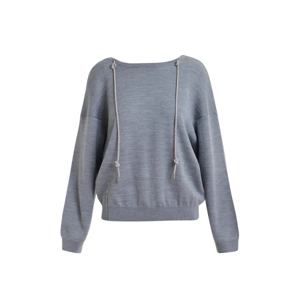 Essentiel Antwerp Grey open-back sweater with rhinestone strings - Essentiel Antwerp Knitwear - Colorful Belgian Design - Shop at Luxury Shoes 