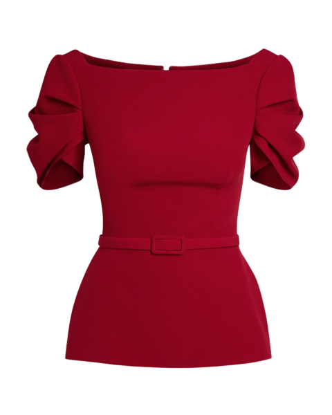 Safiyaa Ivana Top & Bertha Belt in Azalea Red - Safiyaa Tops - Heavy Crepe Cape Gown - Shop at Luxury Shoes 