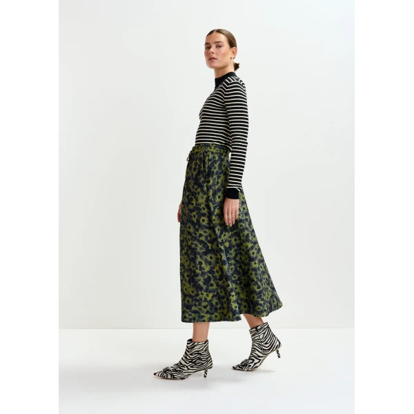 Essentiel Antwerp Khaki and dark blue floral-jacquard midi skirt - Essentiel Antwerp Skirts - Colorful Belgian Design - Shop at Luxury Shoes 