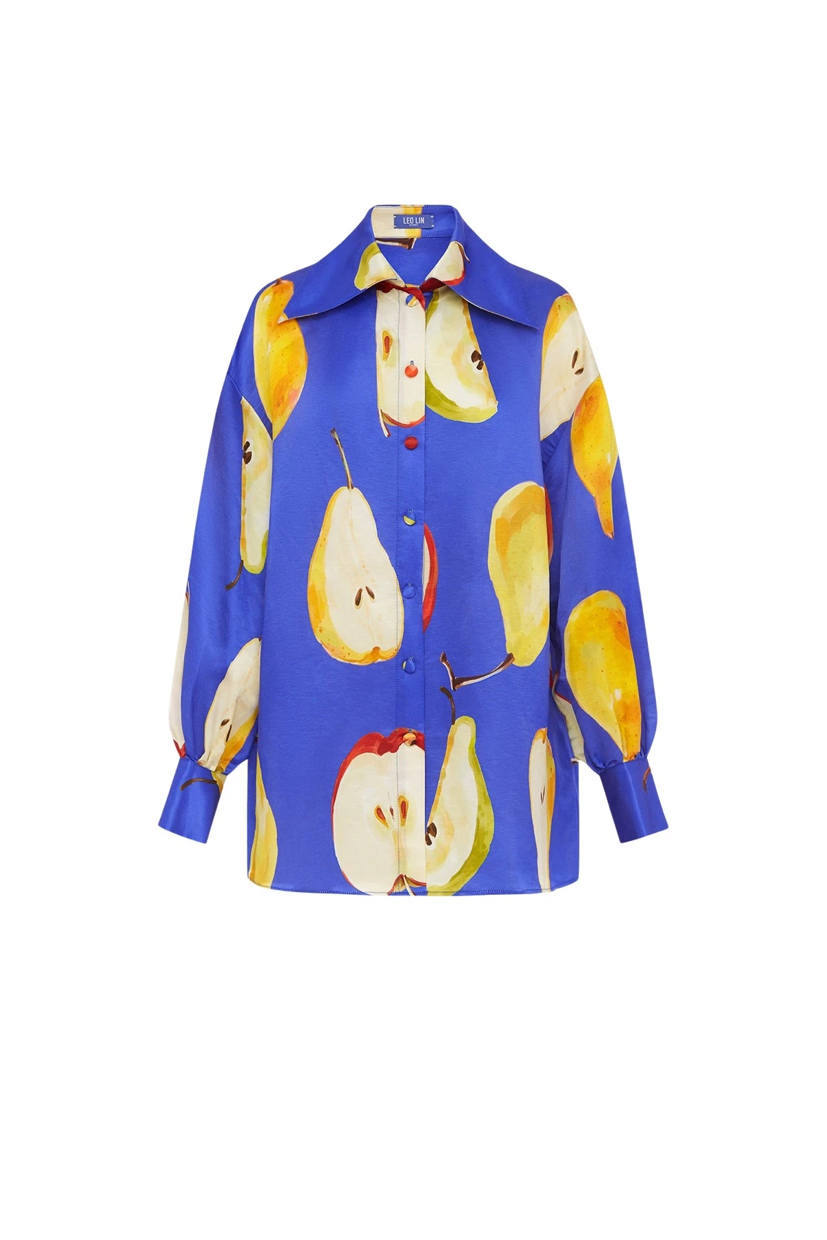 Leo-Lin-Kathleen61093_nobg Leo Lin Blue Tops An ode to the orchard. Lush pears are playfully scattered across a striking cobalt base