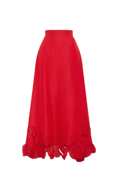 Leo Lin Red Skirts Premium linen-blend appliqué maxi skirt