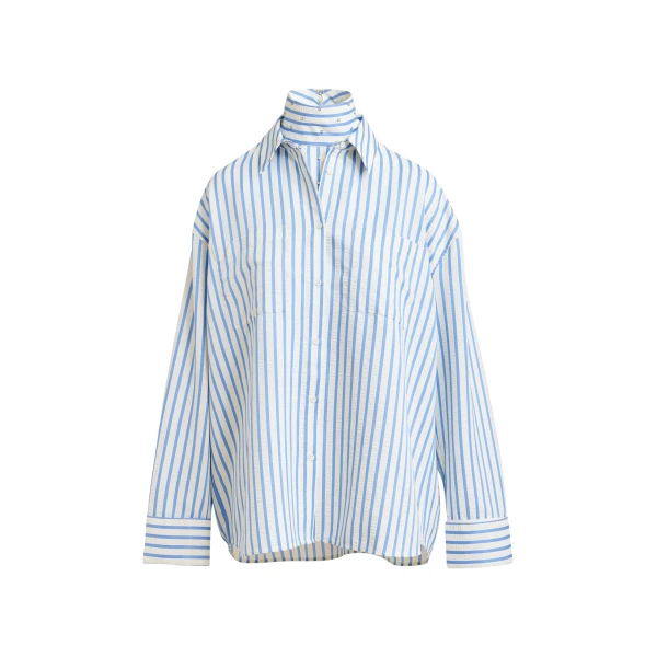 Essentiel Antwerp Light blue and off-white oversized shirt with rhinestone embellishments and layered bib - Essentiel Antwerp Shirts - Colorful Belgian Design - Shop at Luxury Shoes 