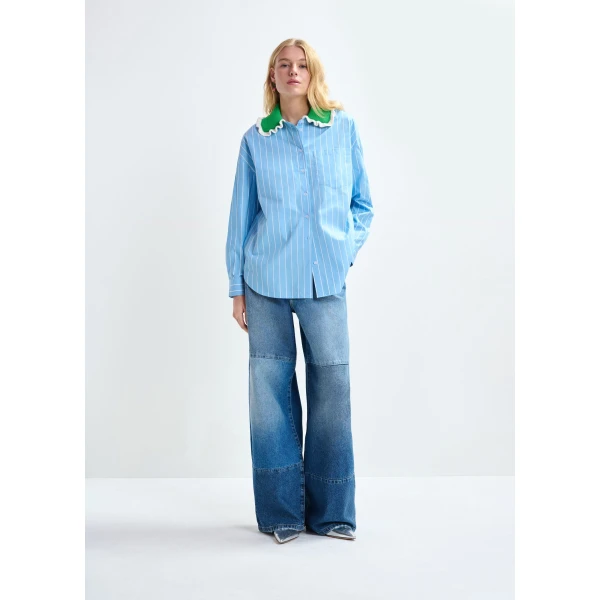 Essentiel Antwerp Light blue and off-white striped cotton shirt with green crochet ruffled collar - Essentiel Antwerp Shirts - Colorful Belgian Design - Shop at Luxury Shoes 