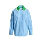Essentiel Antwerp Light blue and off-white striped cotton shirt with green crochet ruffled collar - Essentiel Antwerp Shirts - Colorful Belgian Design - Shop at Luxury Shoes 