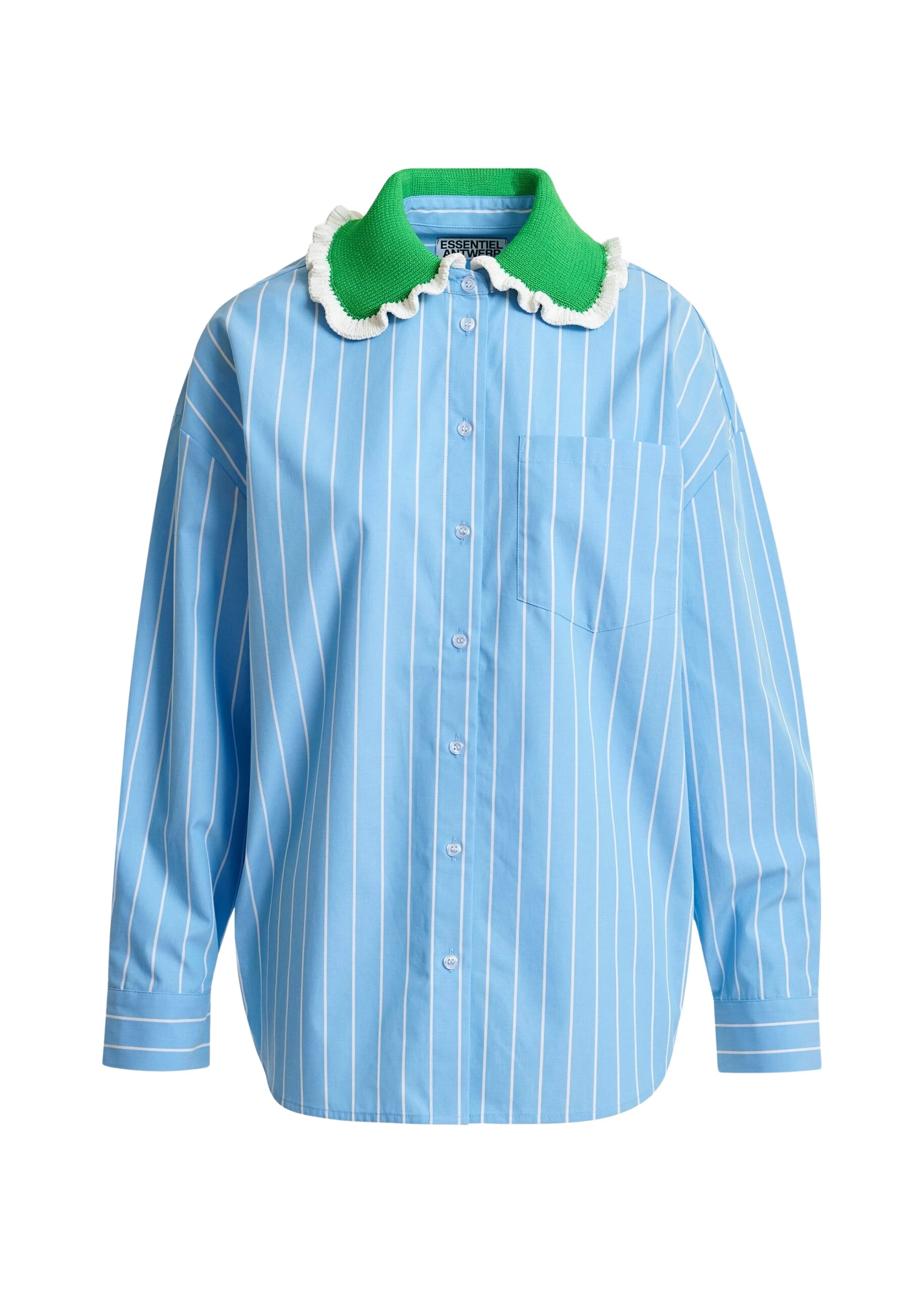 Light-blue-and-off-white-striped-cotton-shirt-with-green-crochet-ruffled-collar-Essentiel-Antwerp-Shirts-scaled21524_nobg Essentiel Antwerp Light blue and off-white striped cotton shirt with green crochet ruffled collar - Essentiel Antwerp Shirts - Colorful Belgian Design - Shop at Luxury Shoes