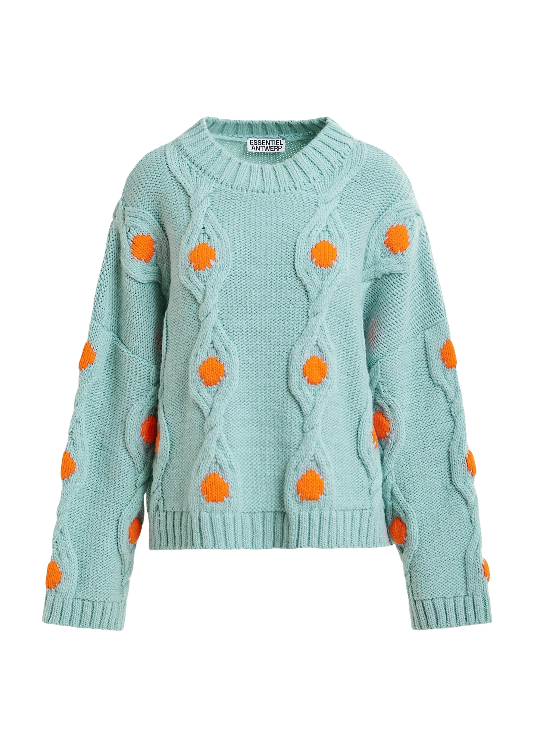 Light-blue-and-orange-polka-dot-cable-knit-sweater-Essentiel-Antwerp-Knitwear-scaled98571_nobg Essentiel Antwerp Light blue and orange polka-dot cable-knit sweater - Essentiel Antwerp Knitwear - Colorful Belgian Design - Shop at Luxury Shoes