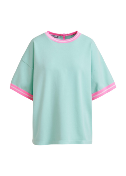 Essentiel Antwerp Light blue knit T-shirt with pink contrasting trim - Essentiel Antwerp Shirts - Colorful Belgian Design - Shop at Luxury Shoes 