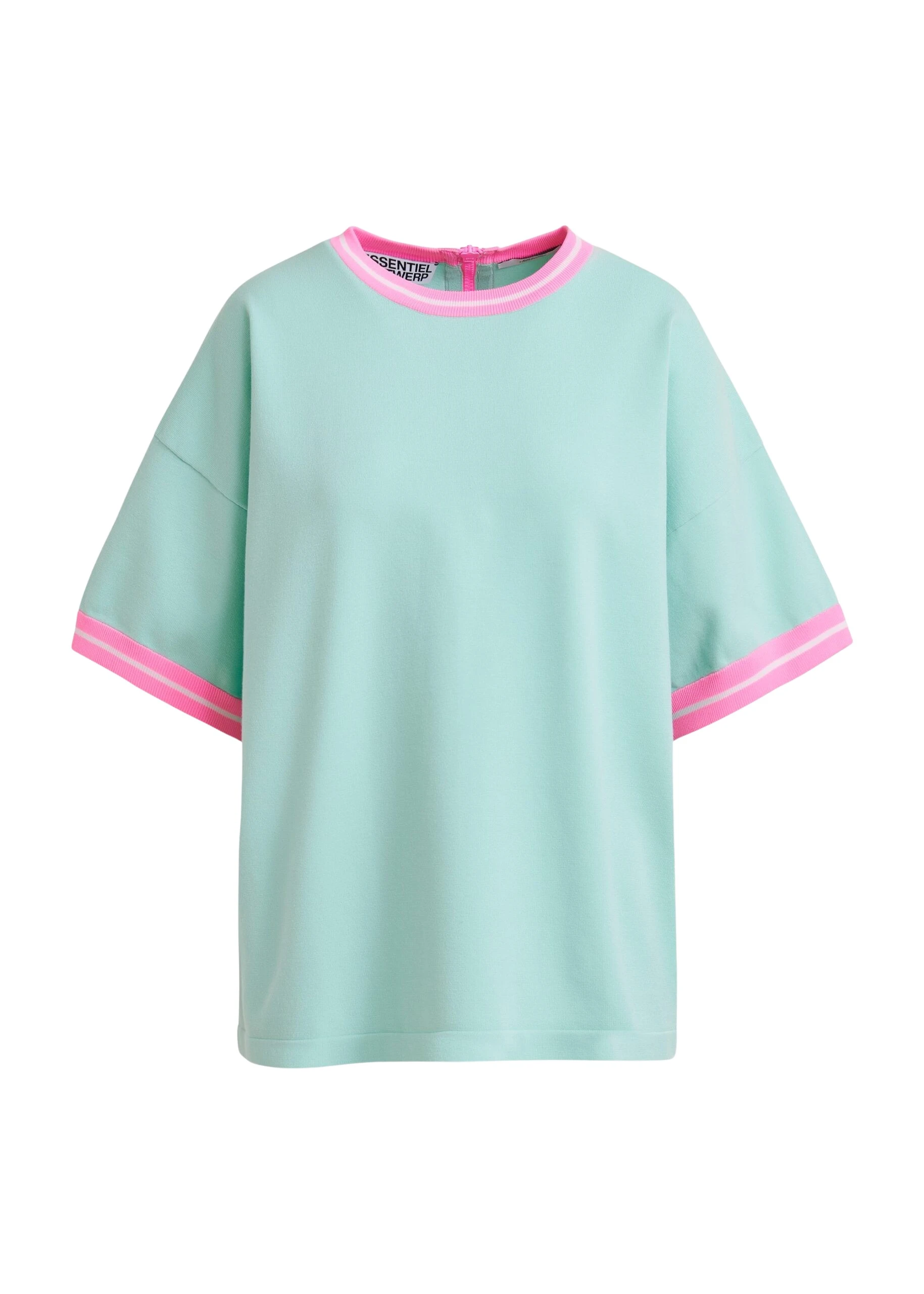 Light-blue-knit-T-shirt-with-pink-contrasting-trim-Essentiel-Antwerp-Shirts-scaled97433_nobg Essentiel Antwerp Light blue knit T-shirt with pink contrasting trim - Essentiel Antwerp Shirts - Colorful Belgian Design - Shop at Luxury Shoes
