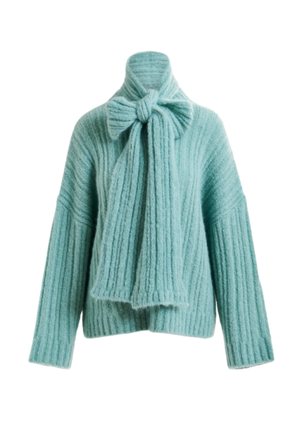 Essentiel Antwerp Light blue mohair-blend ribbed sweater with pussy-bow tie - Essentiel Antwerp Knitwear - Colorful Belgian Design - Shop at Luxury Shoes 