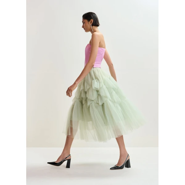 Essentiel Antwerp Light green asymmetrical tiered tulle midi skirt - Essentiel Antwerp Skirts - Colorful Belgian Design - Shop at Luxury Shoes 