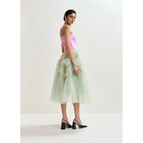 Essentiel Antwerp Light green asymmetrical tiered tulle midi skirt - Essentiel Antwerp Skirts - Colorful Belgian Design - Shop at Luxury Shoes 