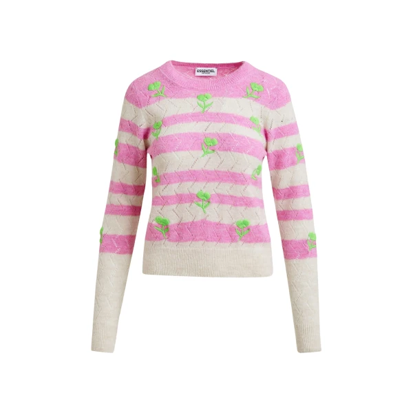 Essentiel Antwerp Light pink and pink striped intarsia-knitted sweater with green flower embroidery - Essentiel Antwerp Knitwear - Colorful Belgian Design - Shop at Luxury Shoes 