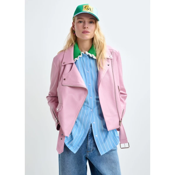 Essentiel Antwerp Light pink fitted biker jacket - Essentiel Antwerp Jackets - Colorful Belgian Design - Shop at Luxury Shoes 