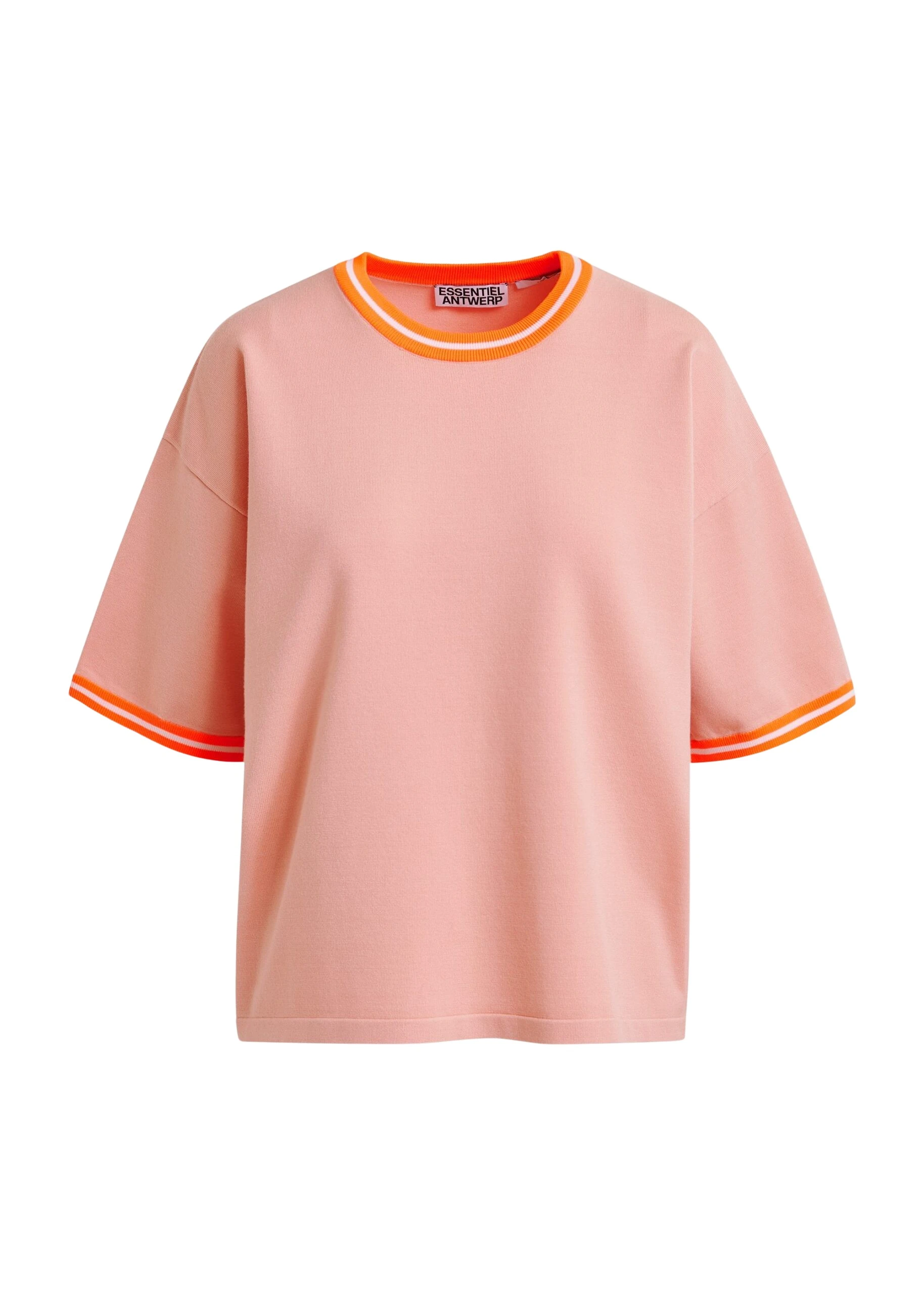 Light-pink-slightly-cropped-knit-T-shirt-with-orange-contrasting-trim-Essentiel-Antwerp-Shirts-scaled35182_nobg Essentiel Antwerp Light pink slightly cropped knit T-shirt with orange contrasting trim - Essentiel Antwerp Shirts - Colorful Belgian Design - Shop at Luxury Shoes