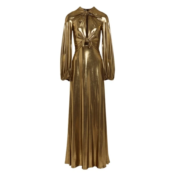 Giambattista Valli Long Gold Laminated Jersey Dress With Bows - Giambattista Valli Dresses - Romantic Couture - Shop at Luxury Shoes 