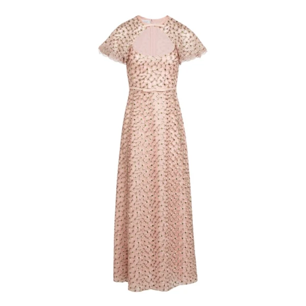 Giambattista Valli Midi Pale Pink Dress With Embroidered Daisies - Giambattista Valli Dresses - Romantic Couture - Shop at Luxury Shoes 