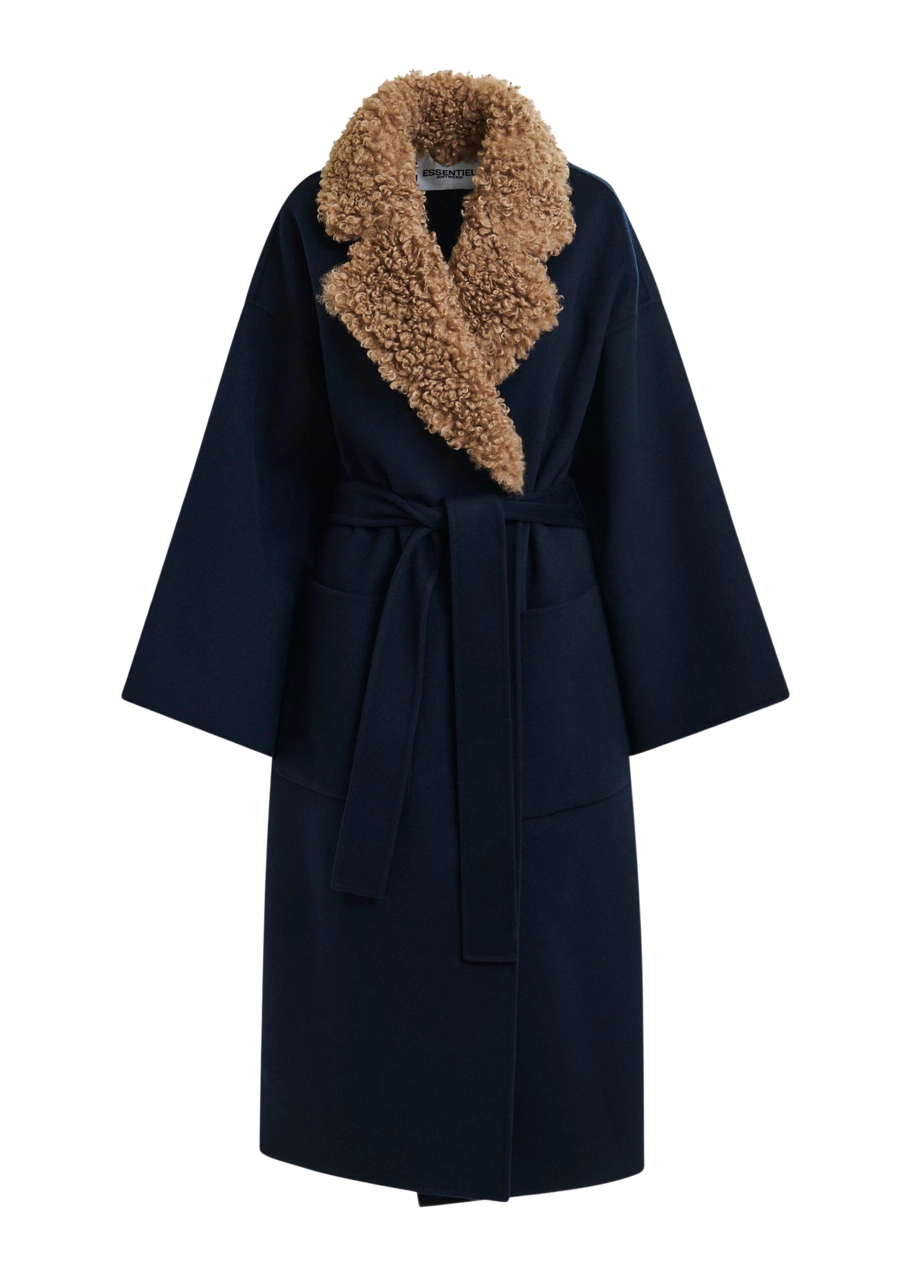 Navy-and-brown-wool-belted-coat-with-detachable-faux-fur-collar-Essentiel-Antwerp-Coats-scaled23553_nobg Essentiel Antwerp Navy and brown wool belted coat with detachable faux fur collar - Essentiel Antwerp Coats - Colorful Belgian Design - Shop at Luxury Shoes