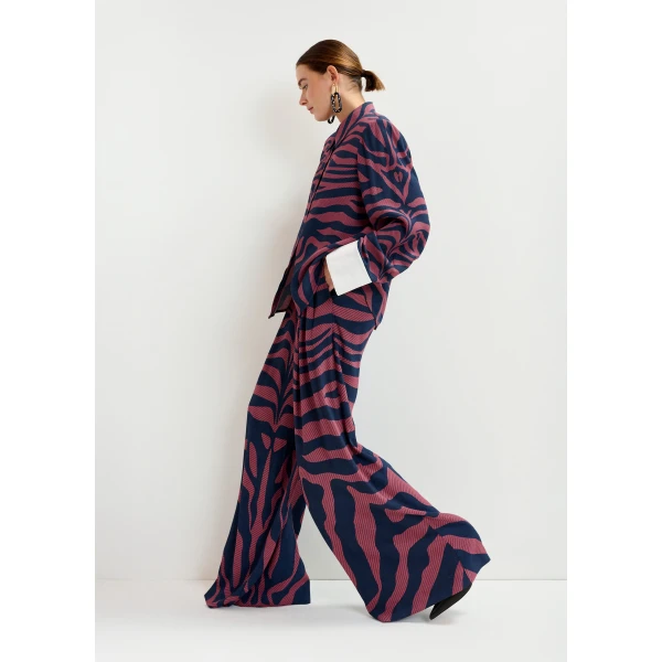 Essentiel Antwerp Navy and dark pink zebra-print wide-leg pants - Essentiel Antwerp Pants - Colorful Belgian Design - Shop at Luxury Shoes 