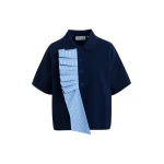 Essentiel Antwerp Navy and light blue ruffle fine-knit polo top - Essentiel Antwerp Tops - Colorful Belgian Design - Shop at Luxury Shoes 