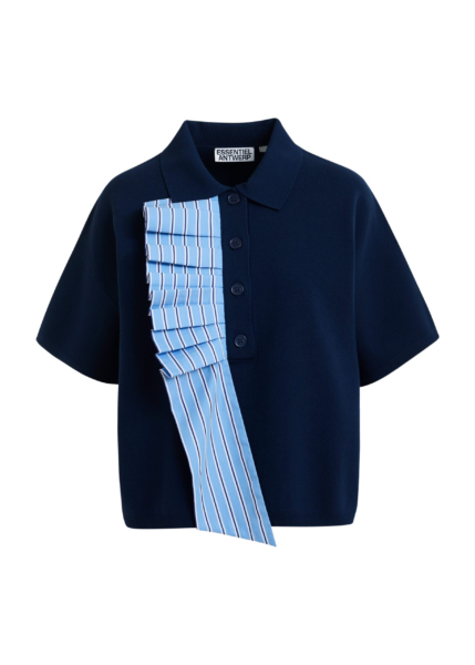 Essentiel Antwerp Navy and light blue ruffle fine-knit polo top - Essentiel Antwerp Tops - Colorful Belgian Design - Shop at Luxury Shoes 