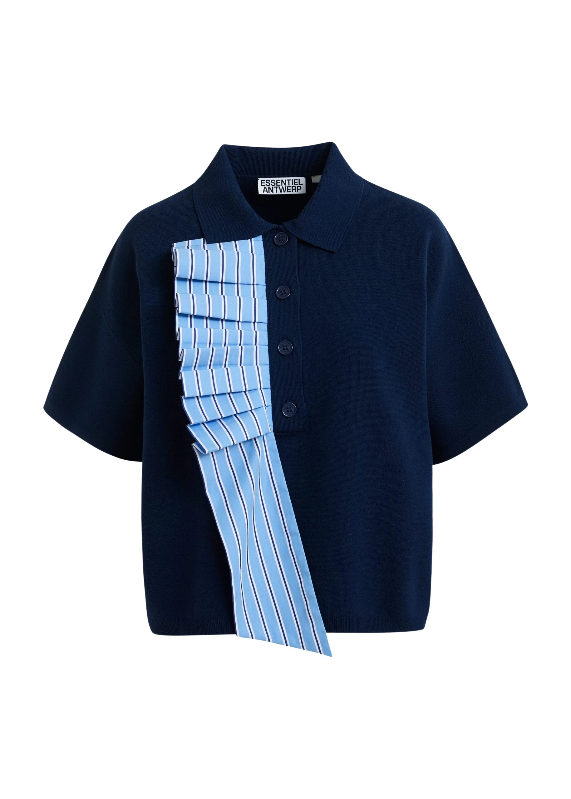 Navy-and-light-blue-ruffle-fine-knit-polo-top-Essentiel-Antwerp-Tops-scaled11781_nobg Essentiel Antwerp Navy and light blue ruffle fine-knit polo top - Essentiel Antwerp Tops - Colorful Belgian Design - Shop at Luxury Shoes