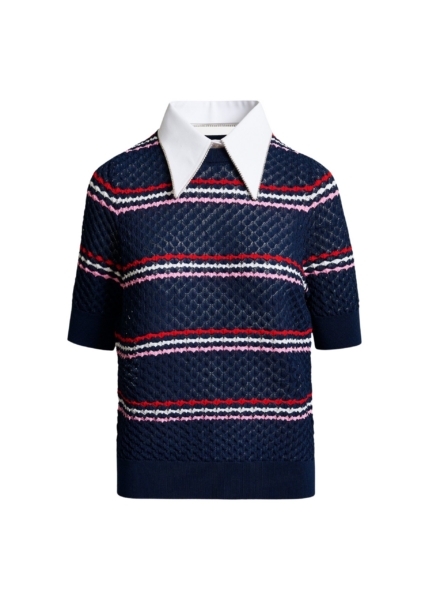 Essentiel Antwerp Navy and multicolor striped honeycomb knit polo with rhinestone-embellished detachable collar - Essentiel Antwerp Tops - Colorful Belgian Design - Shop at Luxury Shoes 