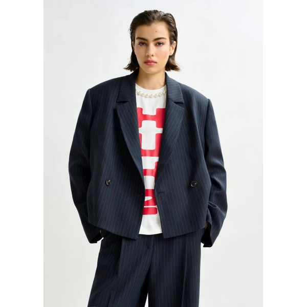 Essentiel Antwerp Navy and white pinstripe cropped blazer - Essentiel Antwerp Jackets - Colorful Belgian Design - Shop at Luxury Shoes 