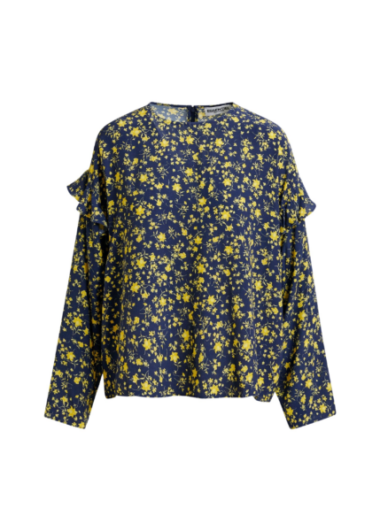 Essentiel Antwerp Navy and yellow floral print top with ruffle detail - Essentiel Antwerp Tops - Colorful Belgian Design - Shop at Luxury Shoes 