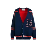 Essentiel Antwerp Navy appliquéd cardigan with red stripes - Essentiel Antwerp Knitwear - Colorful Belgian Design - Shop at Luxury Shoes 